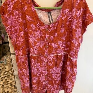 Anthropologie Red and Pink Floral Blouse